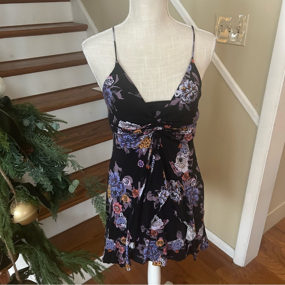 Free People Happy Heart Mini Dress Black Floral Fairy-Grunge Medium Whimsy Boho - Picture 2 of 10
